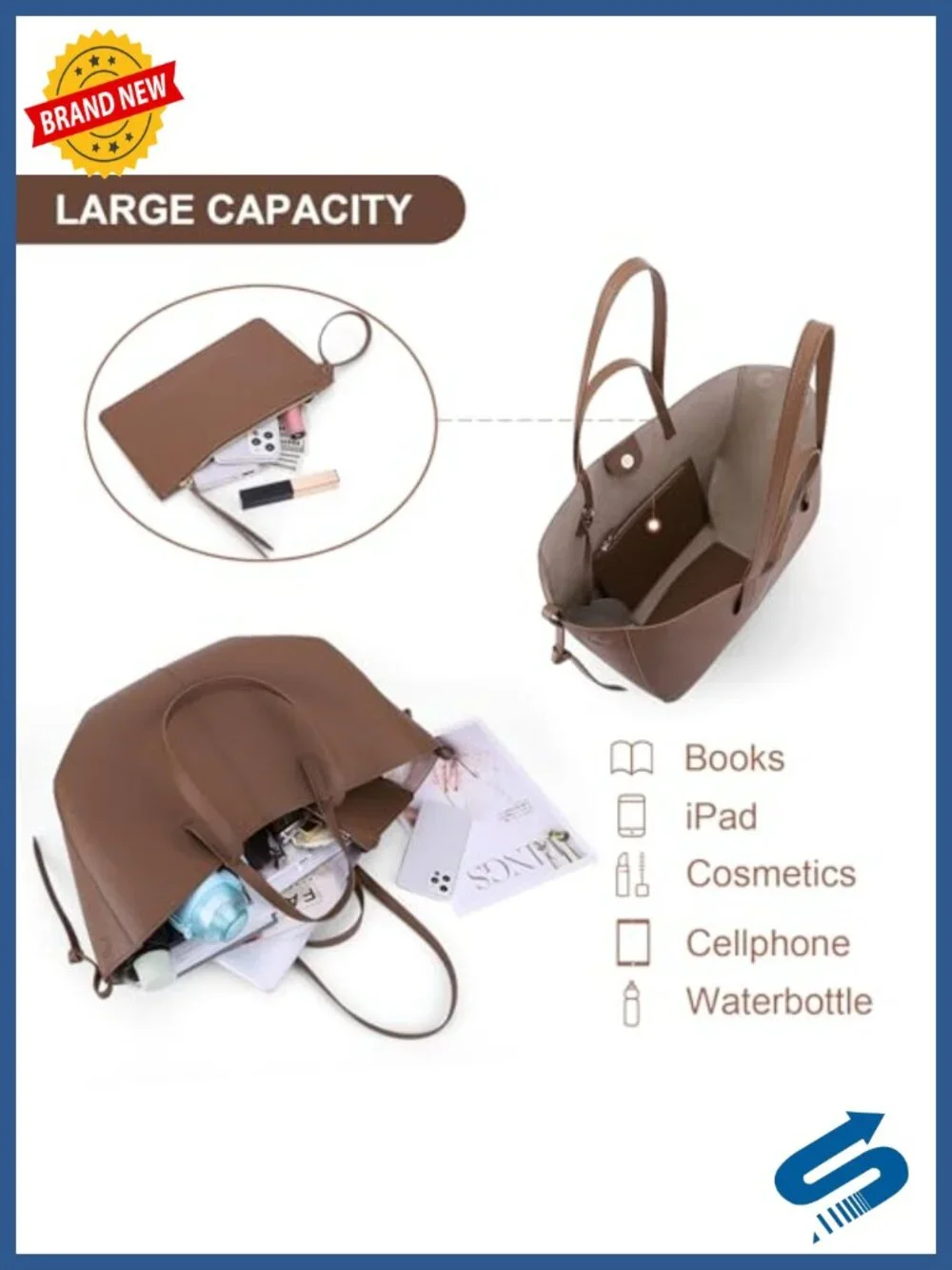 Faux Leather Tote Bag with Magnetic Closure Work Shoulder Bag Large Capacity